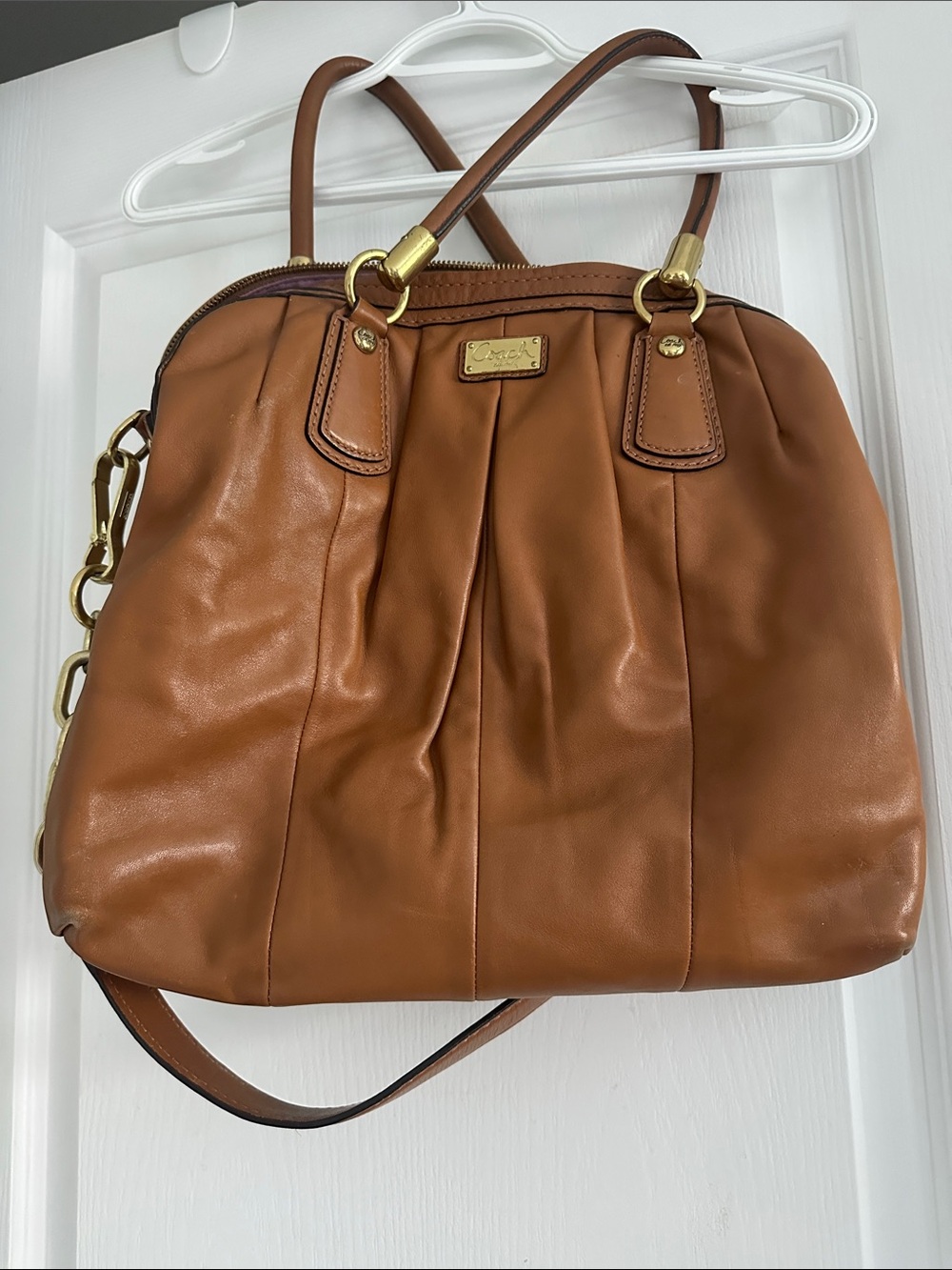 Coach Tan Leather Pleated Shoulder Bag with Gold Hardware
